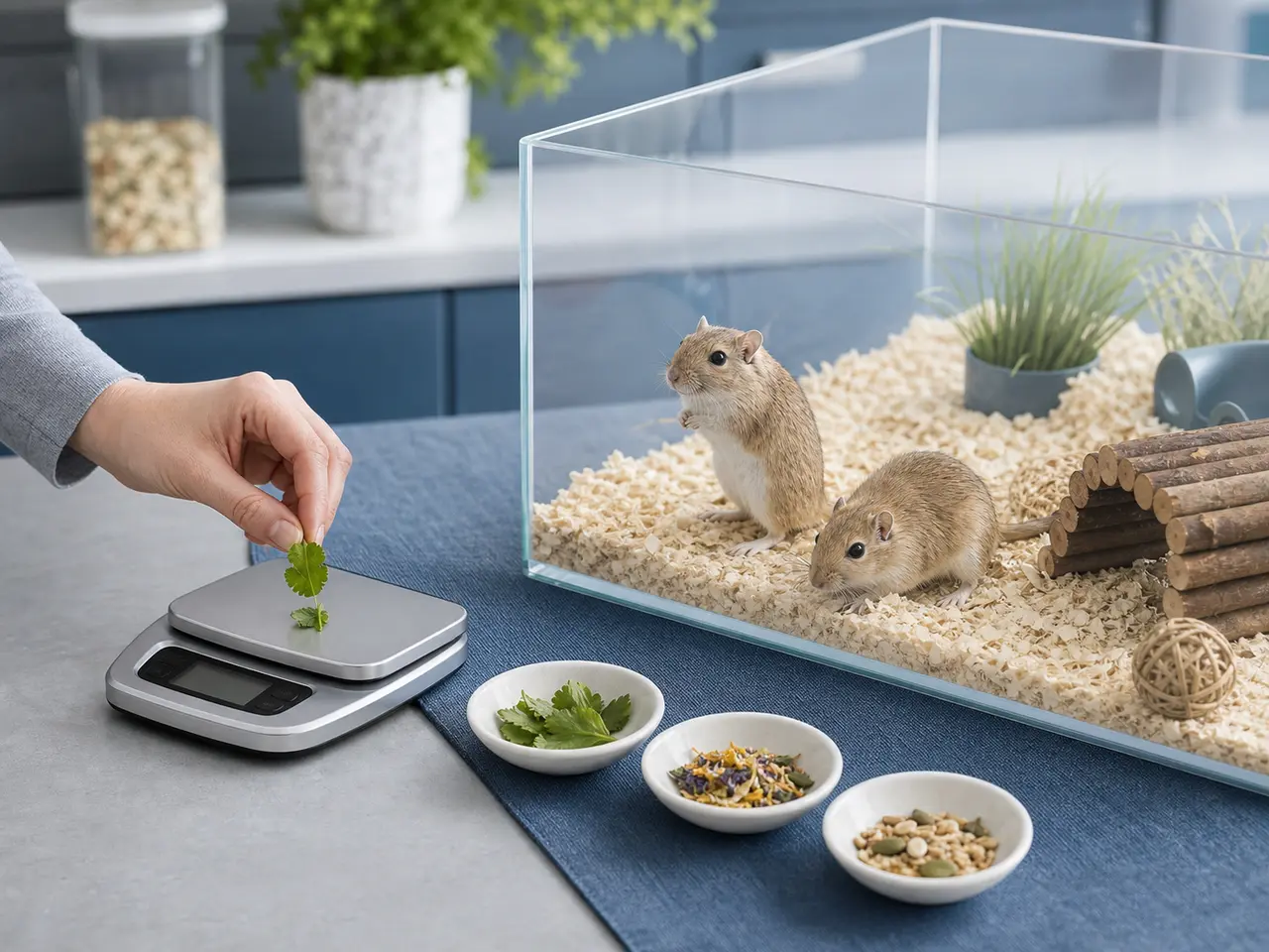 Small mammal food safety setup with hay, bowls, scale, water, and species notes