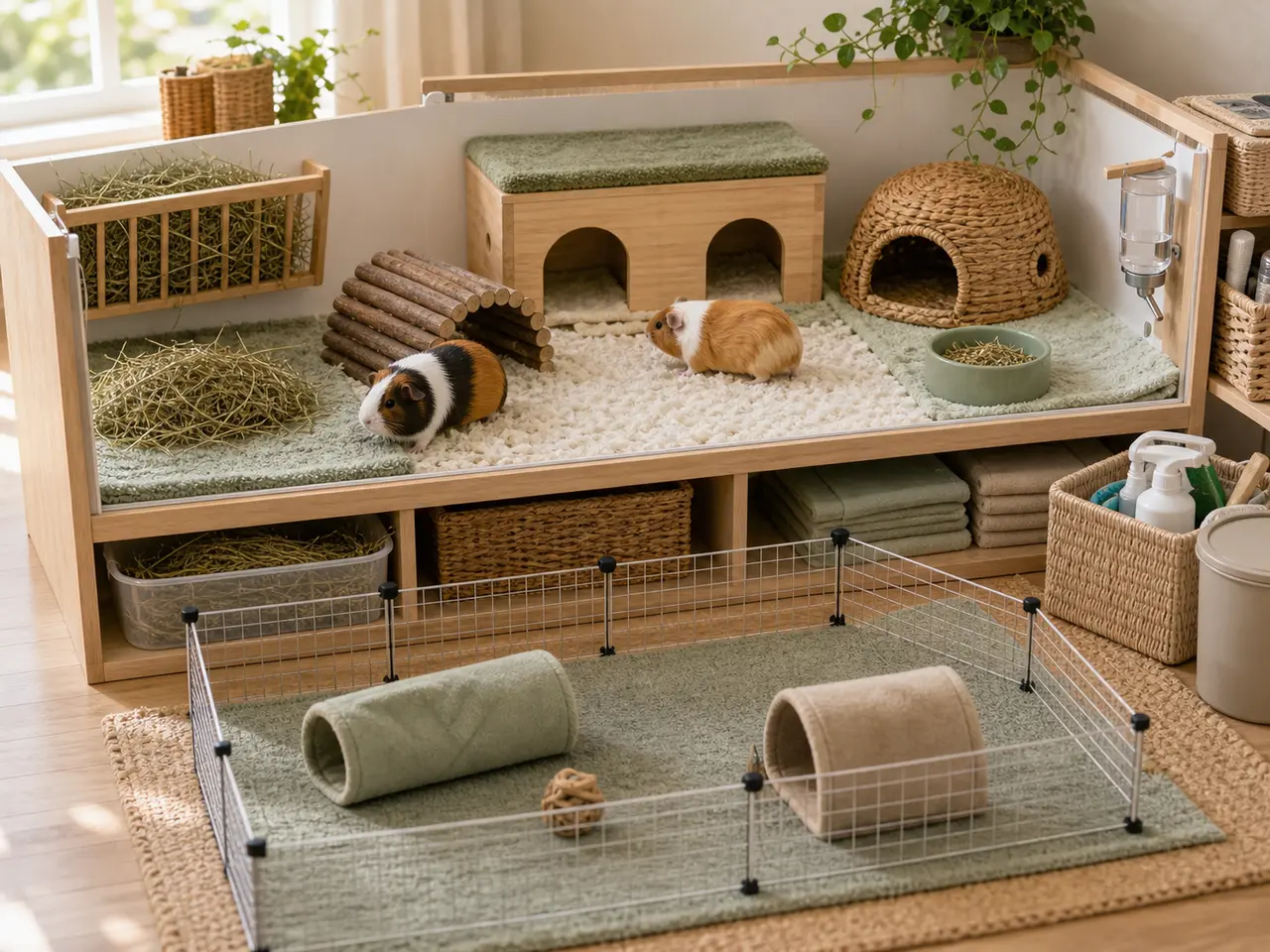 Guinea pig hay station with clean grass hay and species notes
