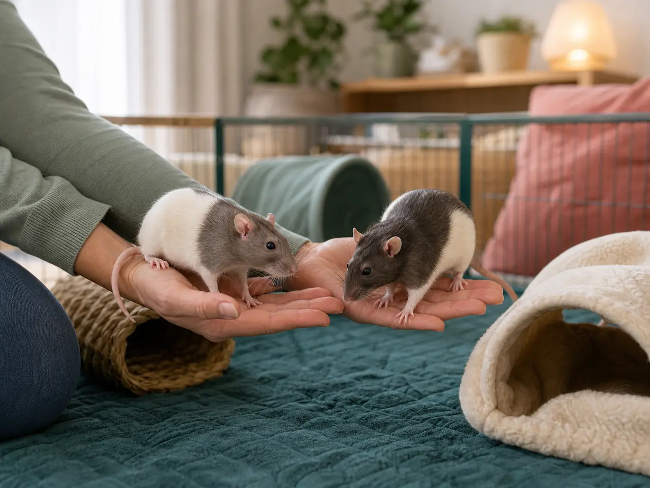 Two pet rats calmly climbing onto adult hands on a teal play mat