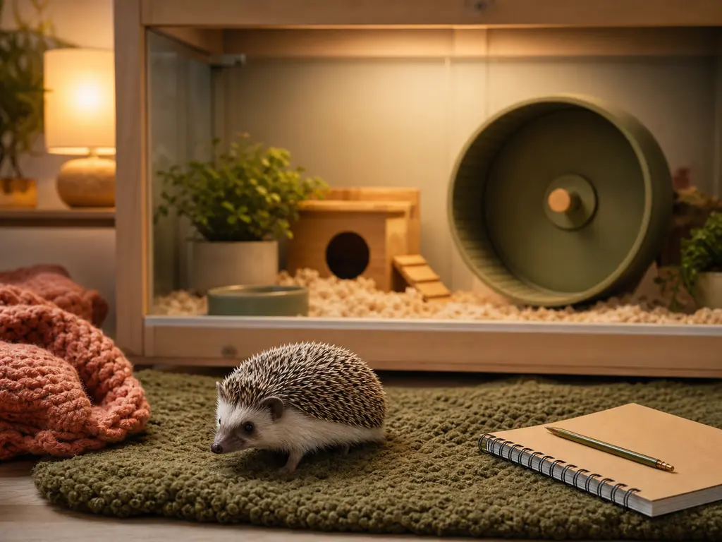 African pygmy hedgehog in a warm solid-floor habitat with hide, smooth wheel, bedding, and water
