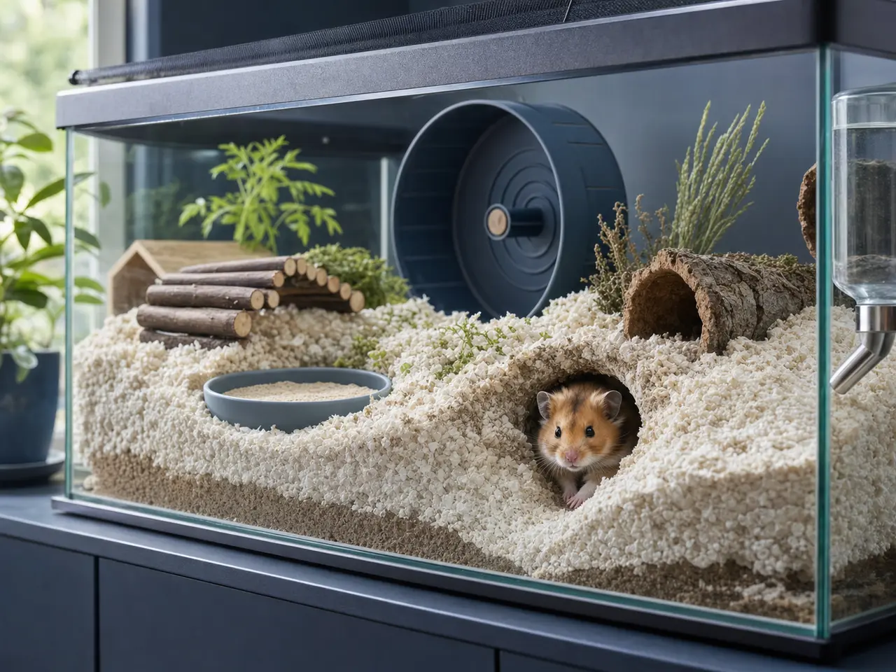 Syrian hamster in a deep bedding glass habitat with a wheel, sand bath, hides, and water