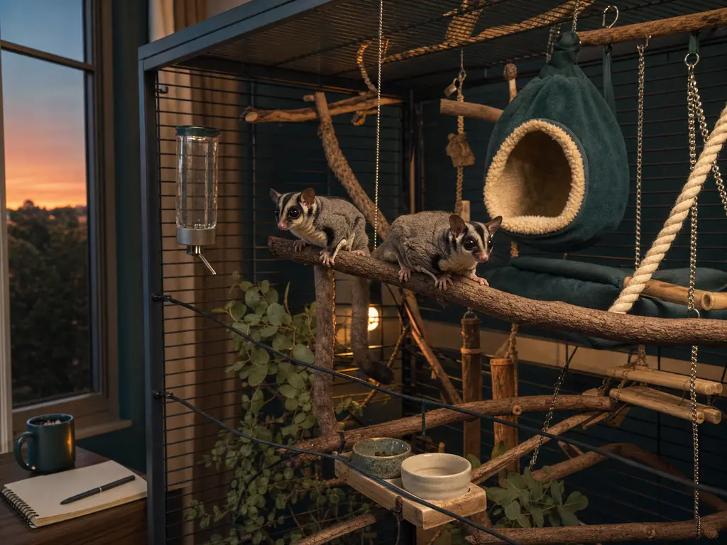 Two sugar gliders in a tall ventilated climbing enclosure with branches, pouches, food, and water
