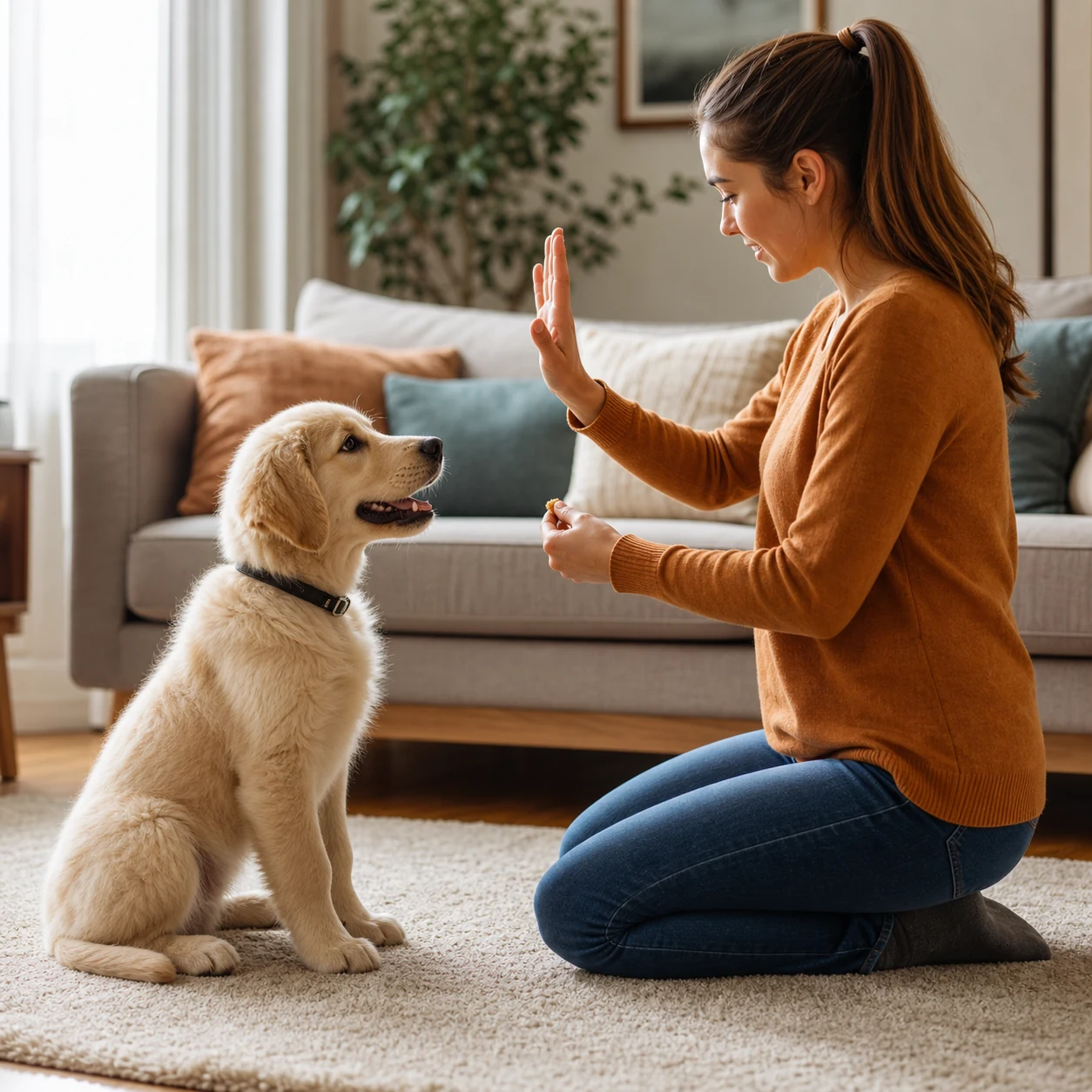 Dog learning basic commands with a trainer