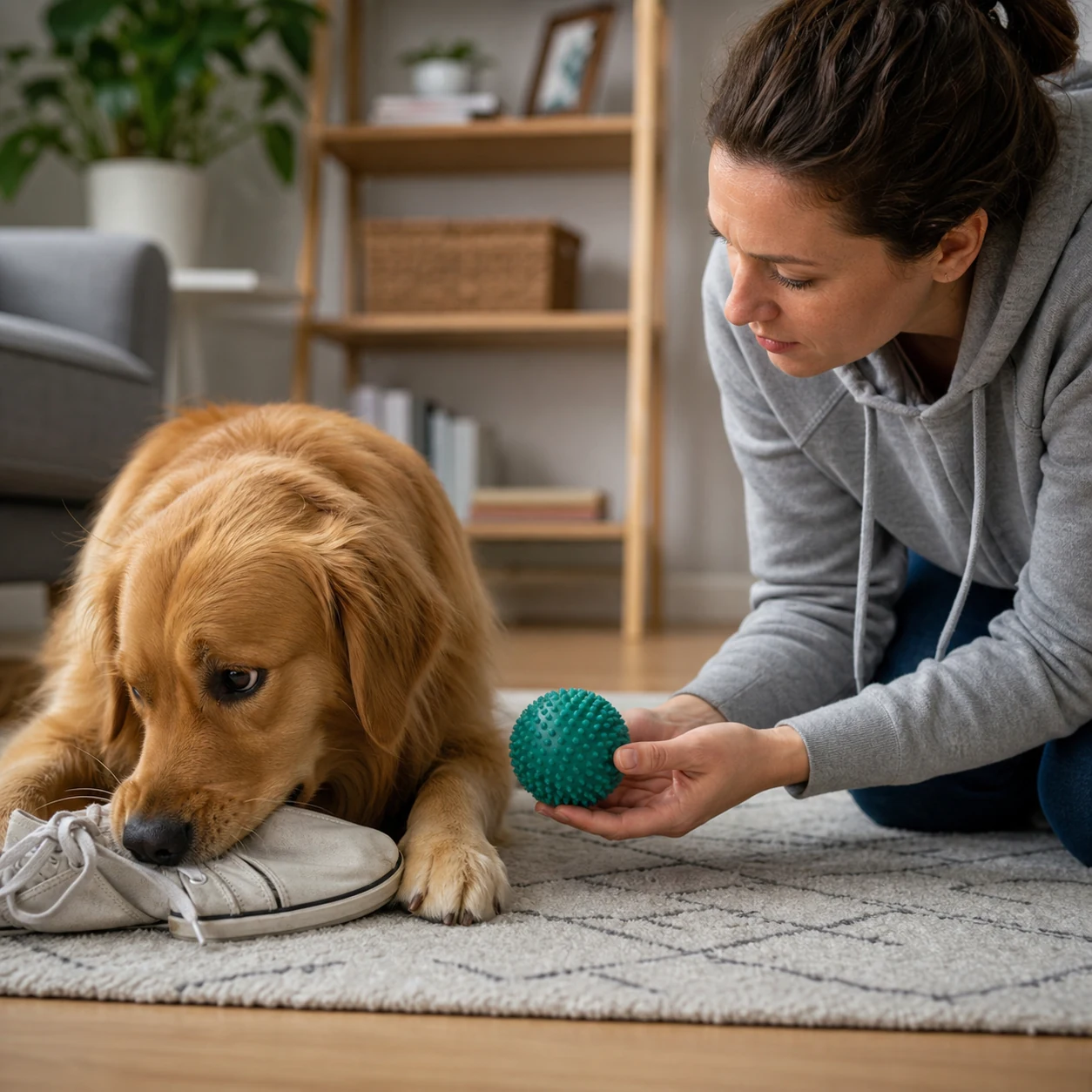 Calm dog resting at home with family