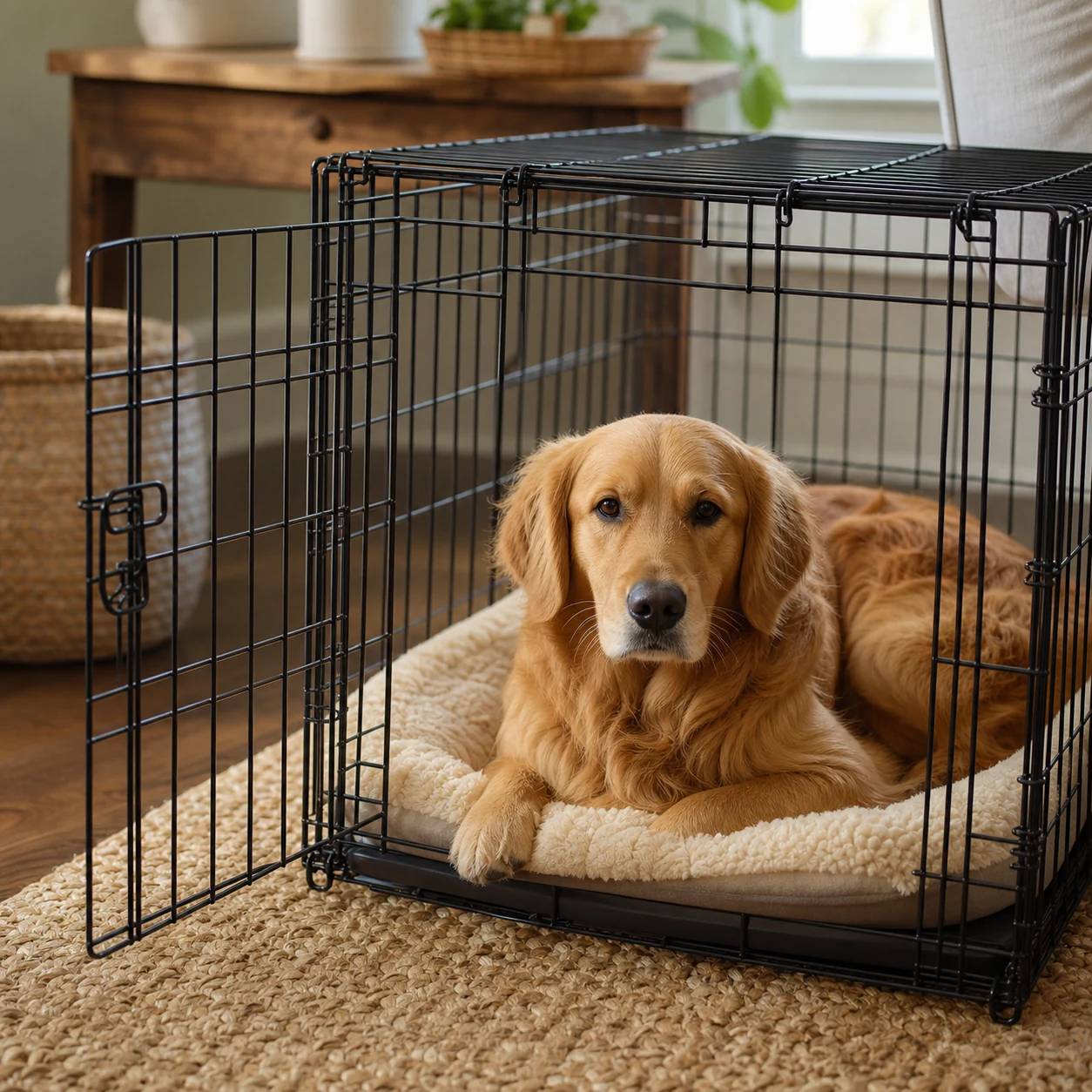 Dog settling calmly in an open crate