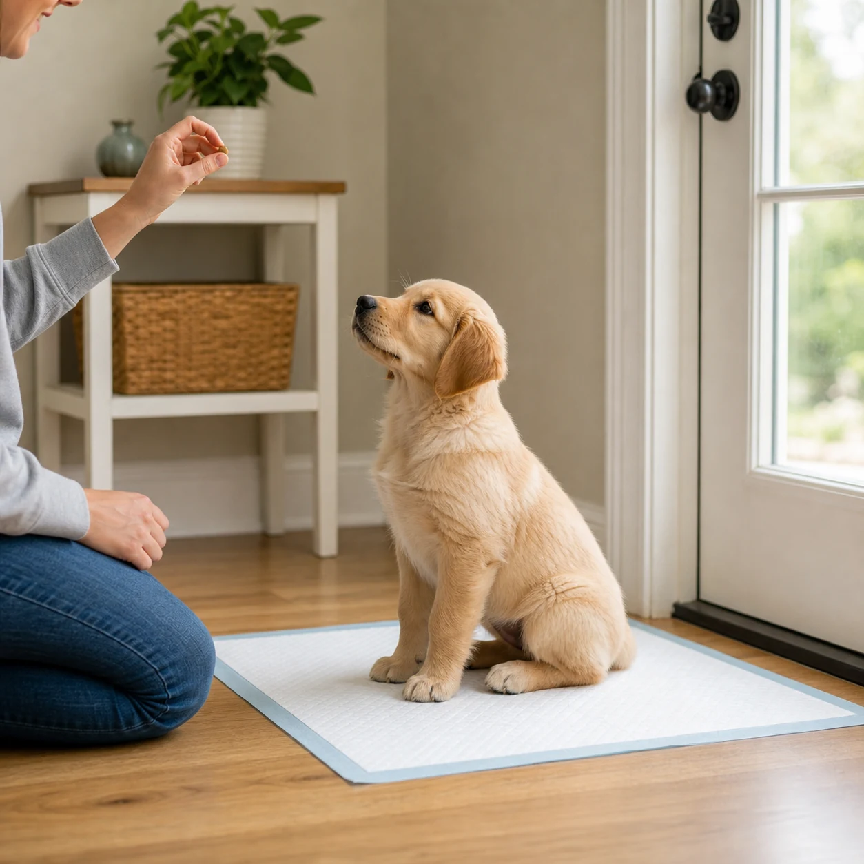 Puppy house training near a door at home