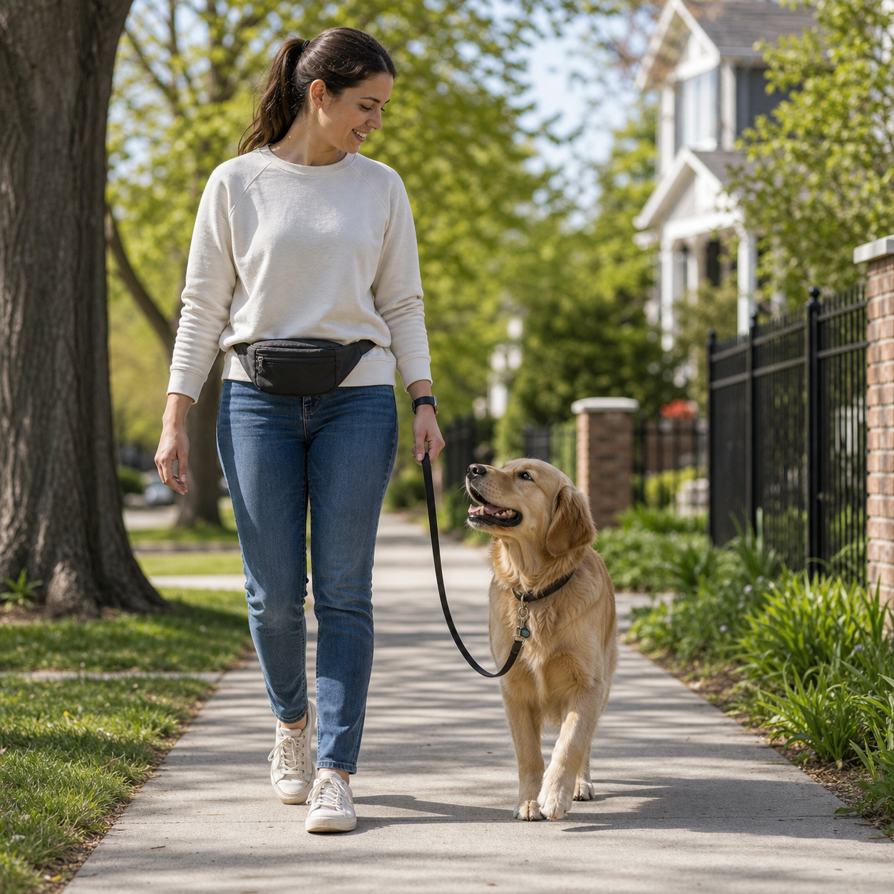 Dog learning loose leash walking