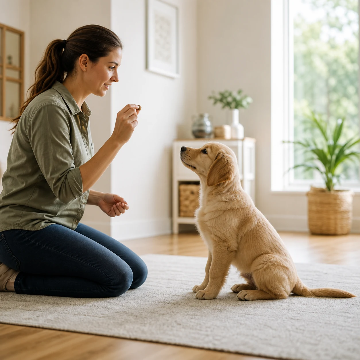 Puppy training in a bright home