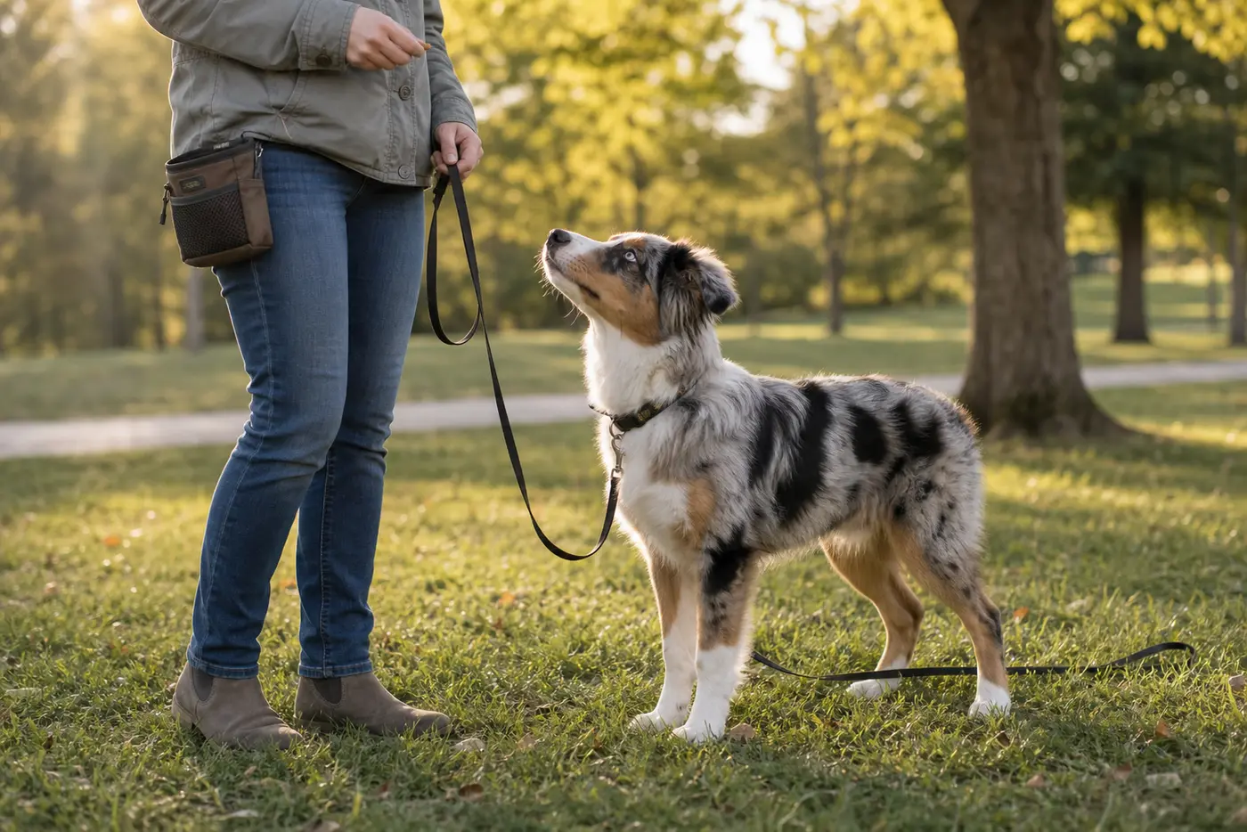 Young dog practicing recall with room to move.