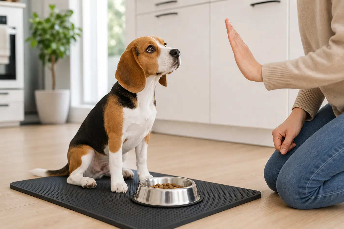 Dog practicing a calm wait near a bowl.