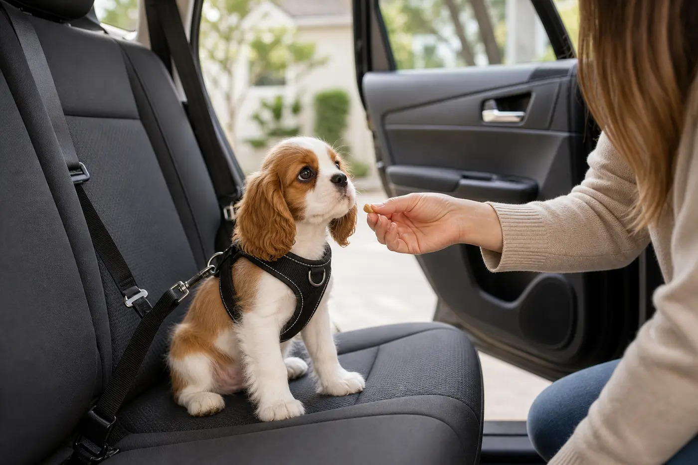 Cavalier puppy practicing calm car rides in a secure harness