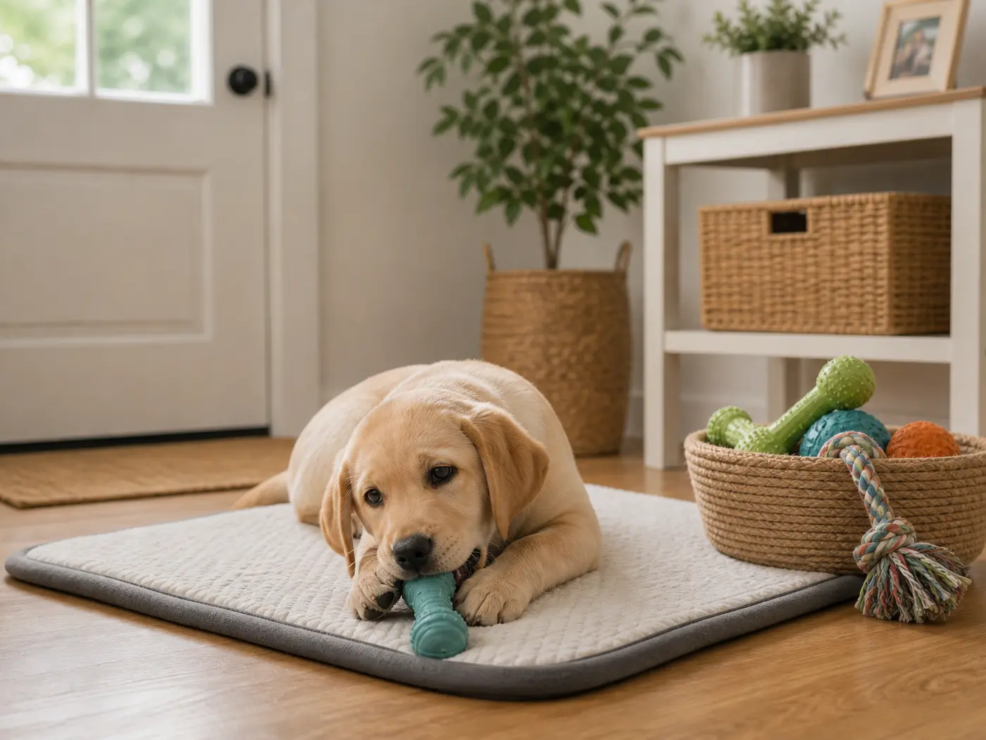 Puppy chew station with safe toys.