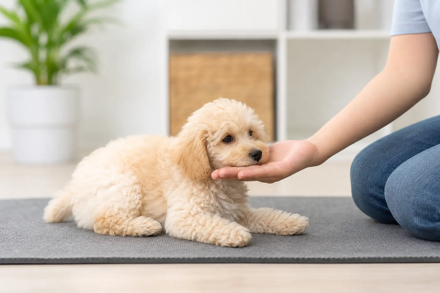 Dog practicing calm handling for muzzle comfort.