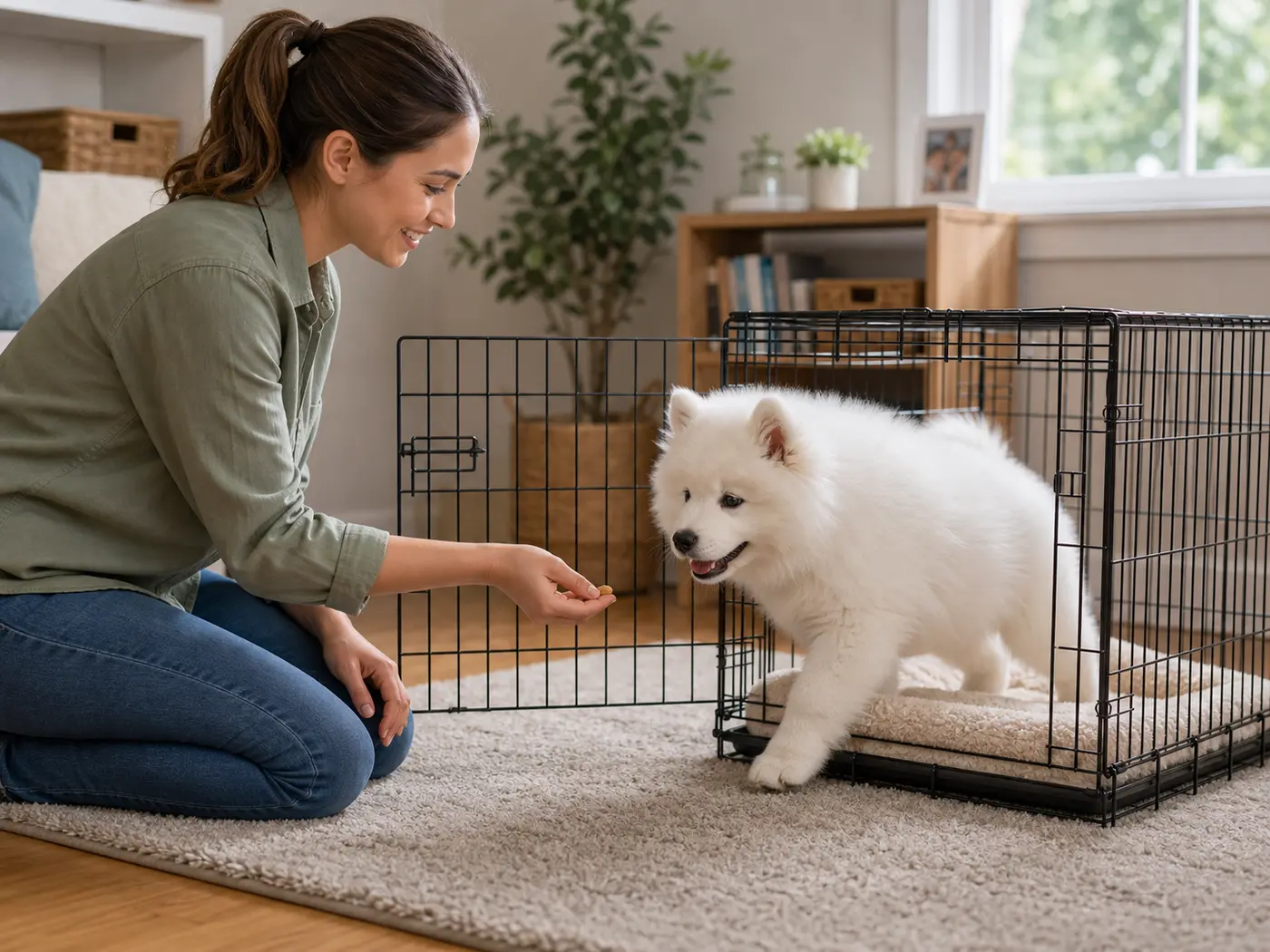 Puppy exploring an open crate with the door open