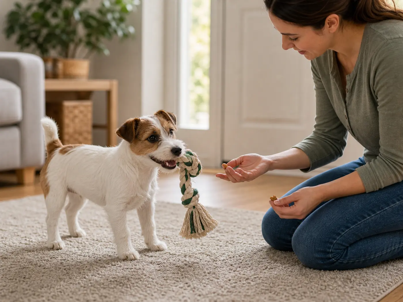 Jack Russell puppy learning drop it