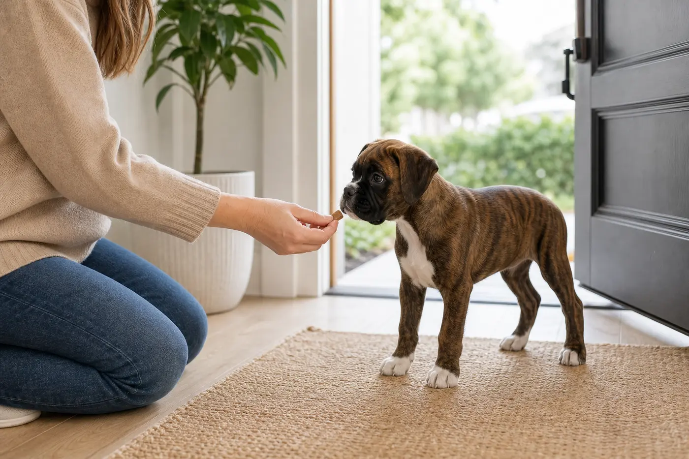 Dog practicing four paws on the floor for greetings.