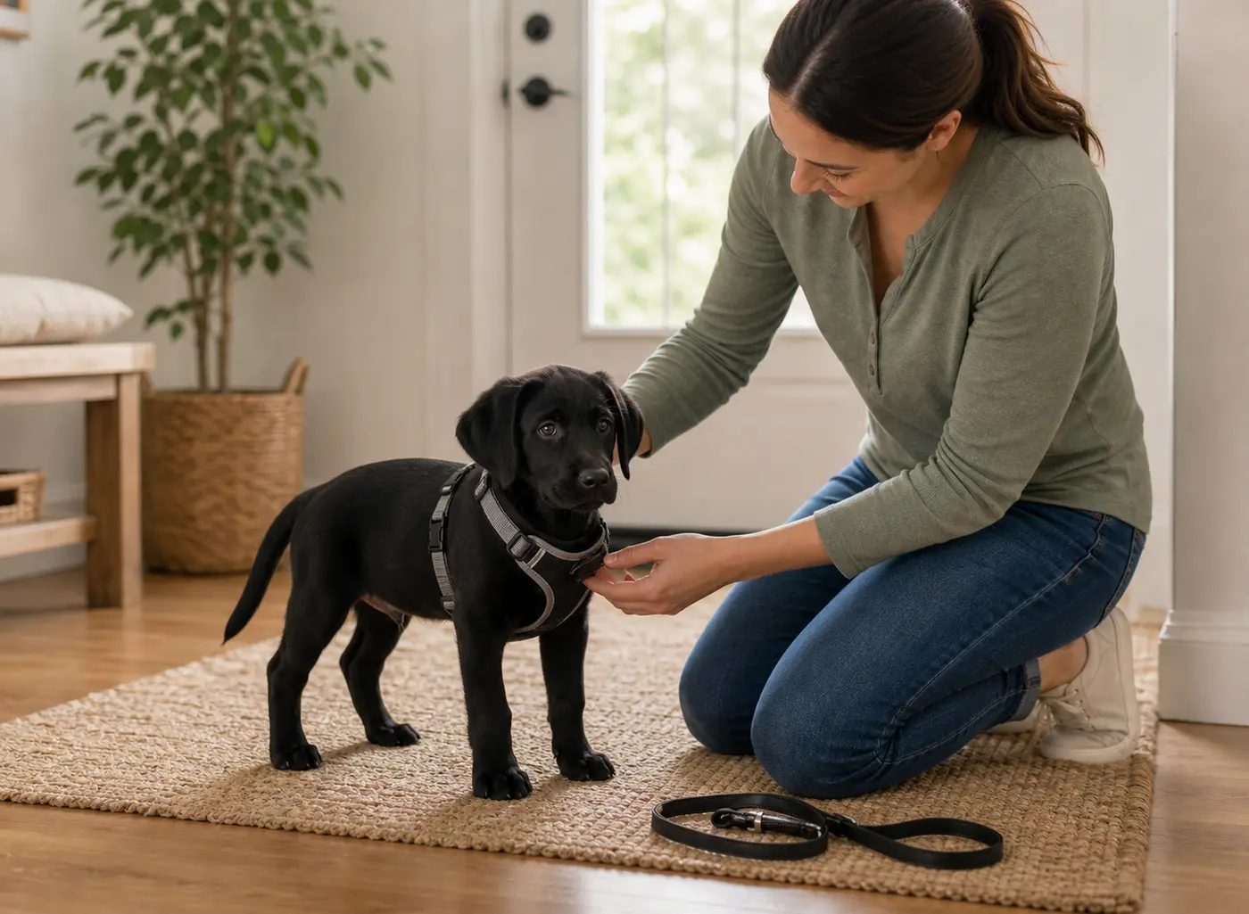 Puppy wearing a harness before leash practice