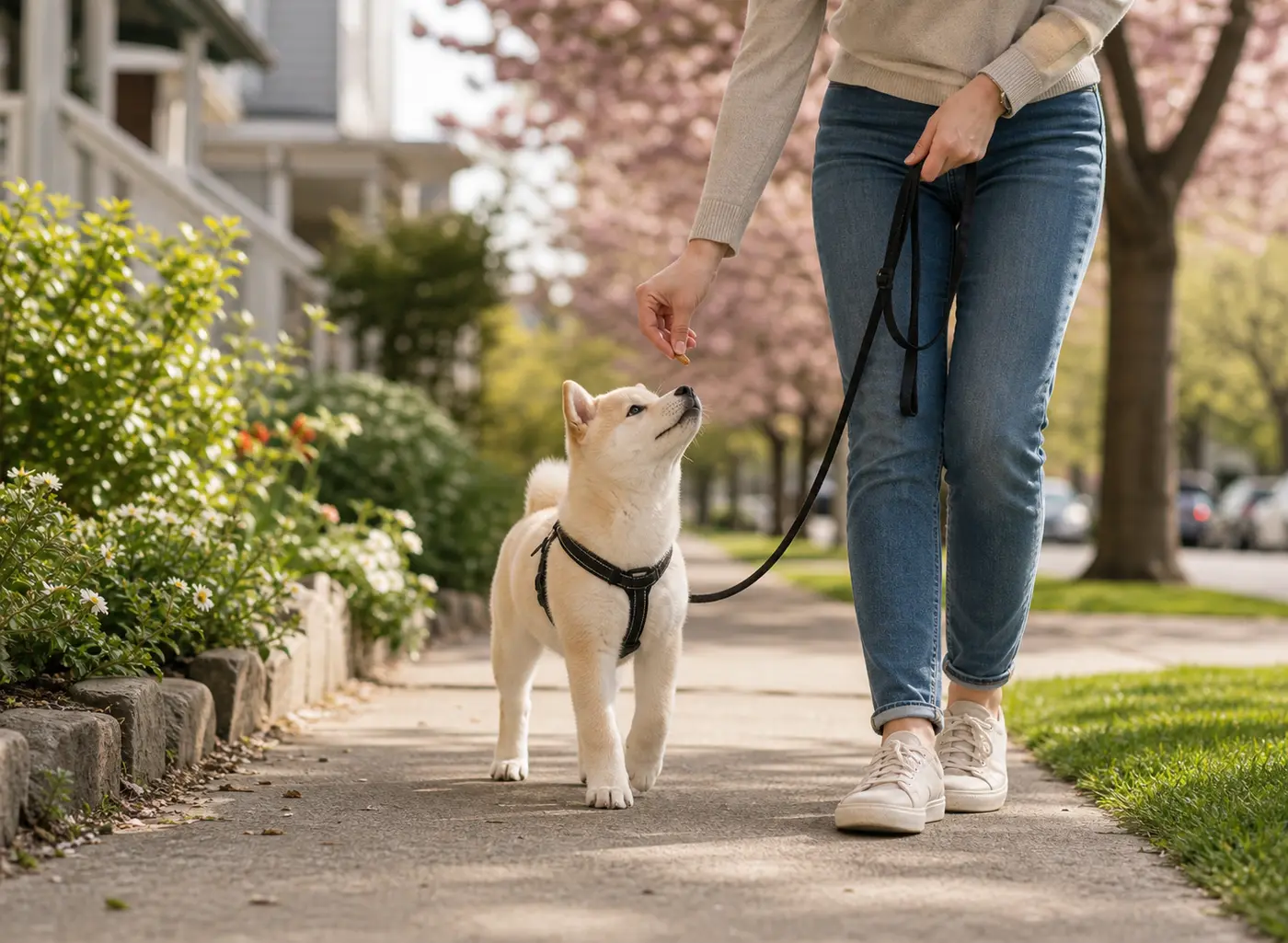 Dog practicing a stop-and-go leash pause.