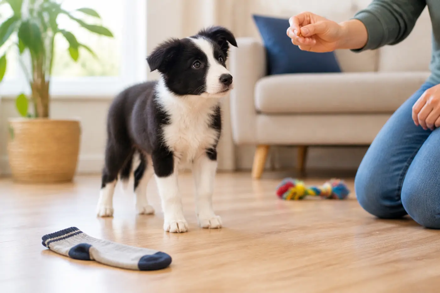 Dog practicing leave it with a clear reward.