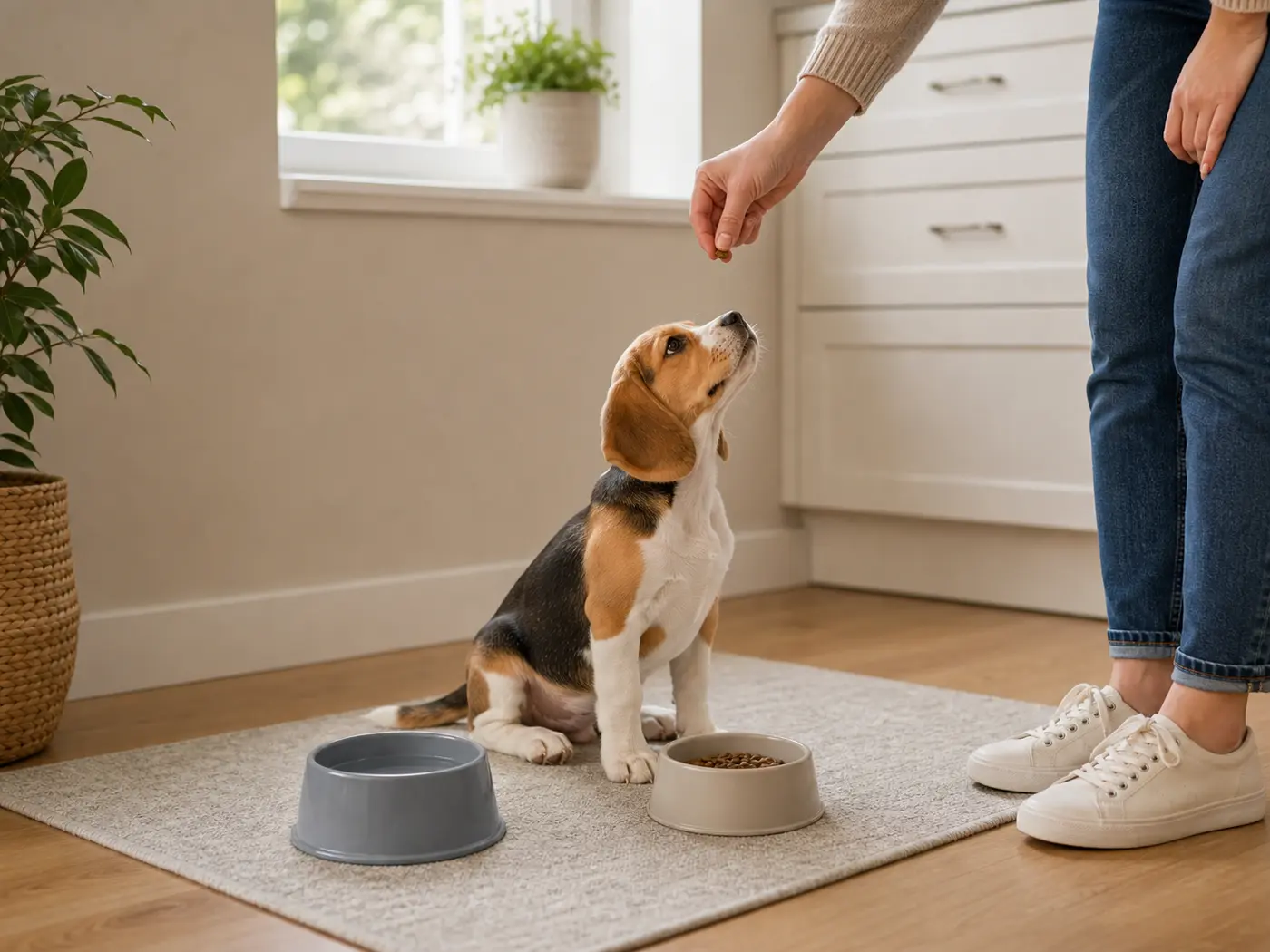 Dog starting the day near food and water before a potty trip.