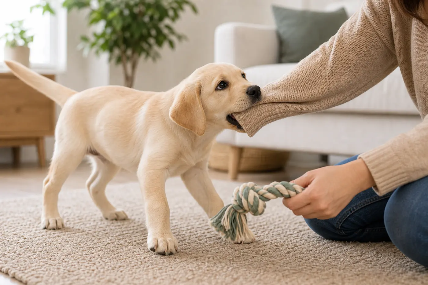 Labrador puppy redirecting from a sleeve to a rope toy