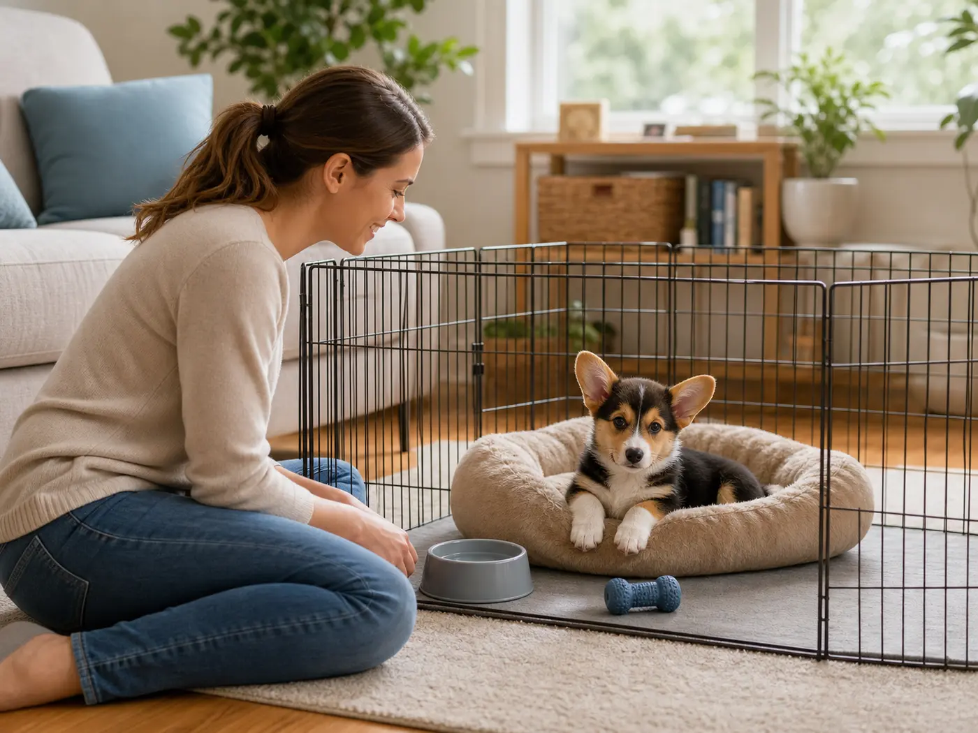 Puppy in a simple safe home setup.
