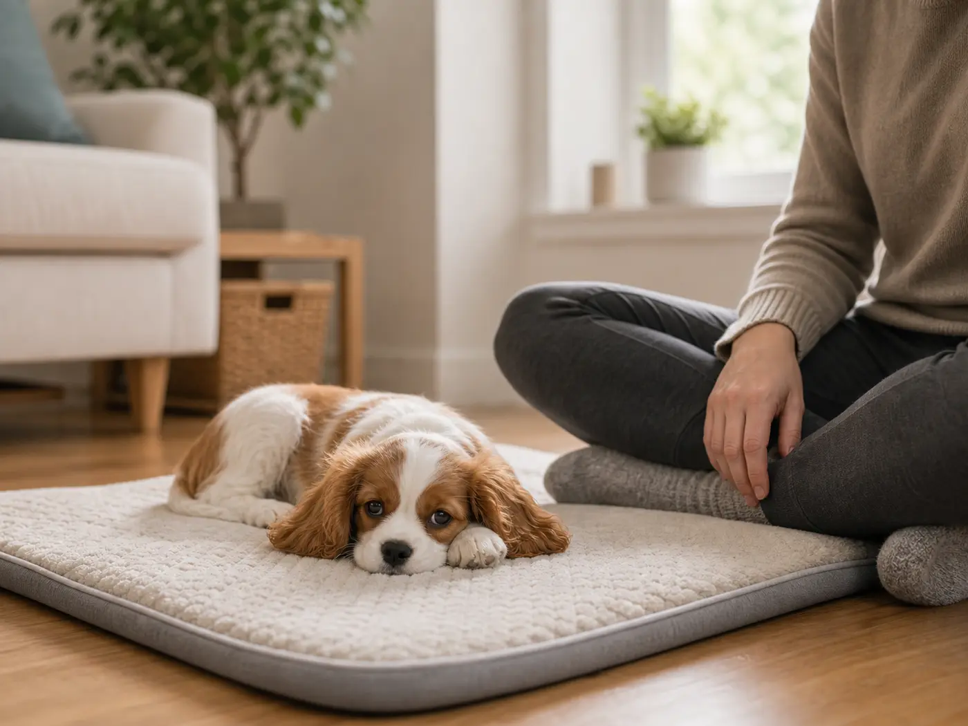 Dog settling low during a basic down cue.