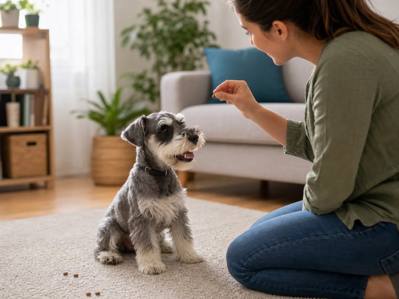 Puppy practicing a short reward-based training session at home.