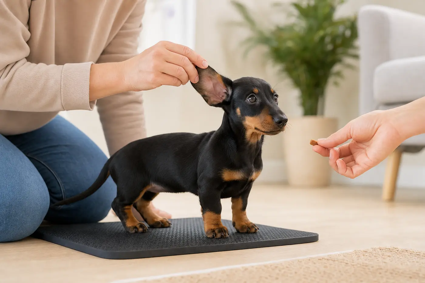 Puppy practicing calm vet-style handling.
