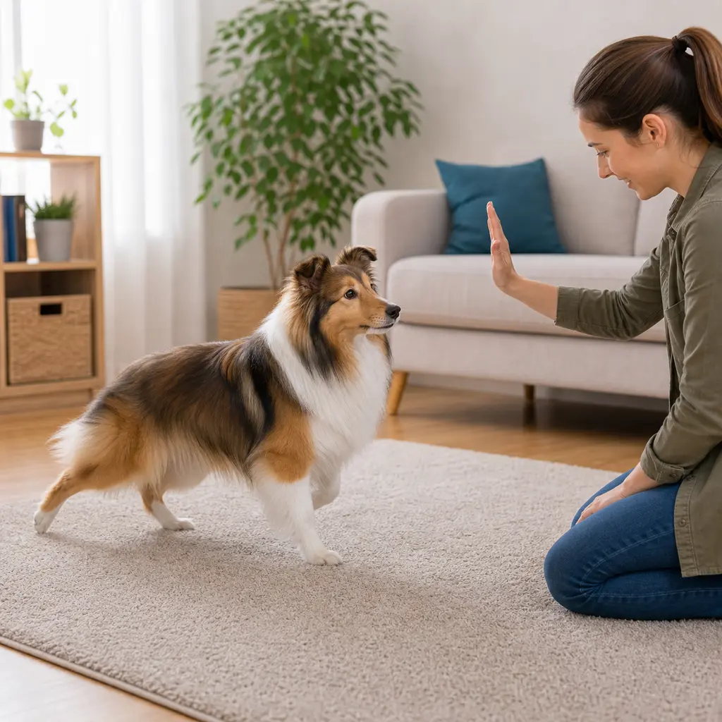 Shetland Sheepdog practicing back up