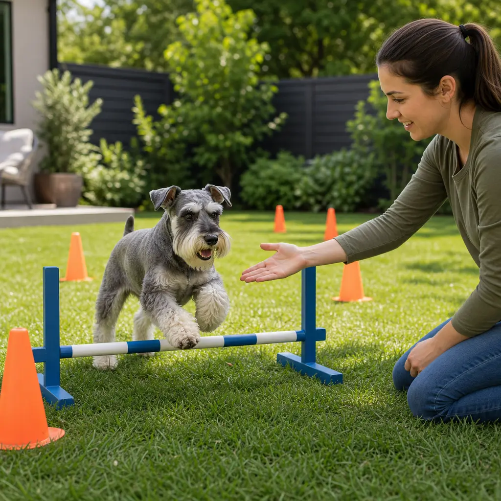 Miniature Schnauzer practicing backyard agility basics