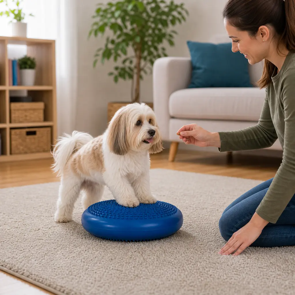 Havanese practicing balance cushion intro
