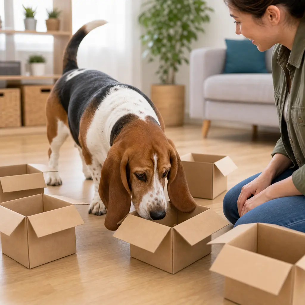 Basset Hound sniffing cardboard boxes during a box search game