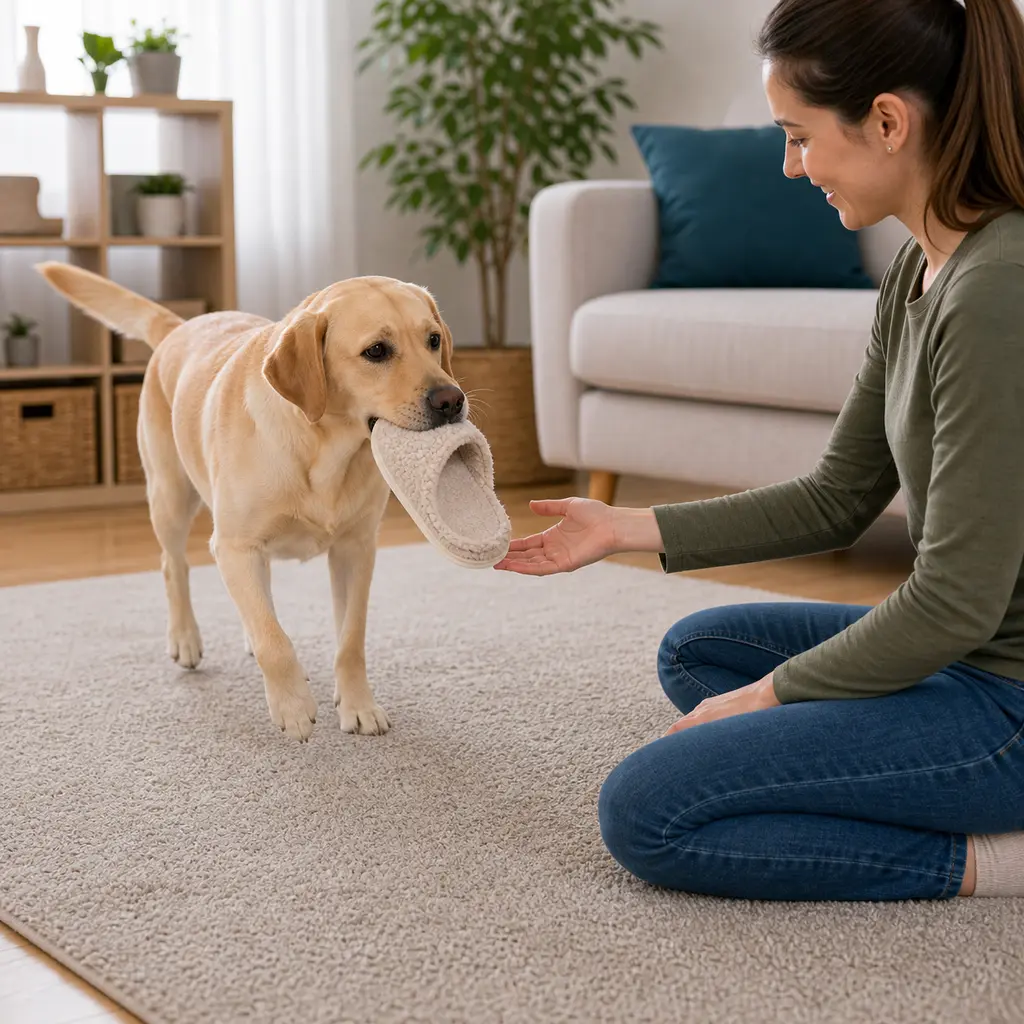 Labrador Retriever practicing bring slippers