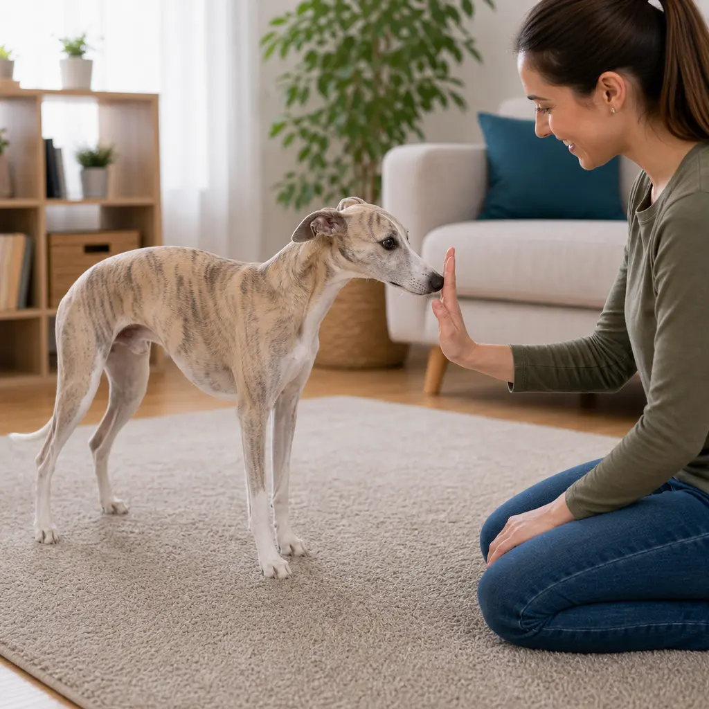 Whippet practicing calm touch target