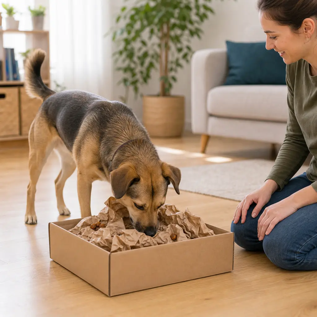mixed-breed dog practicing cardboard shred box