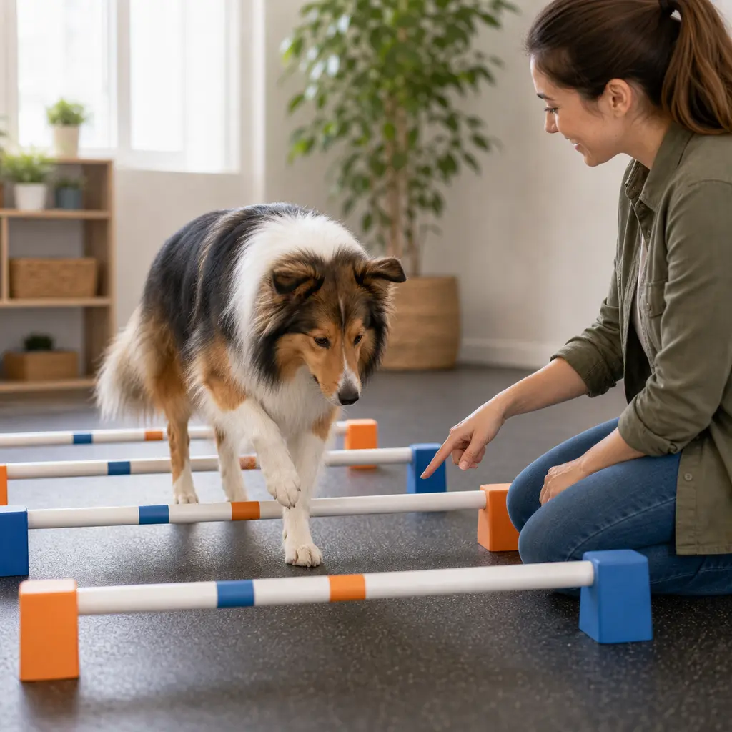 Shetland Sheepdog walking over low cavaletti poles