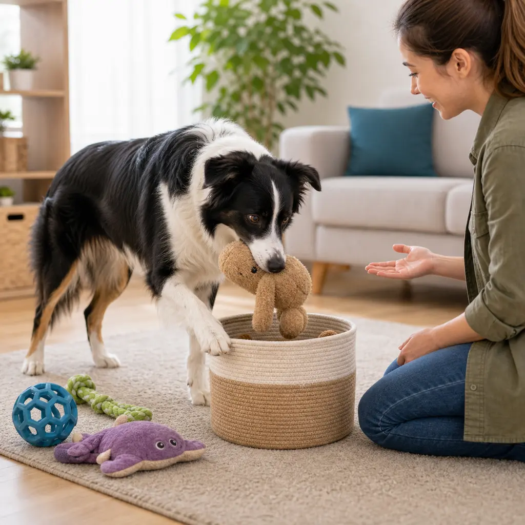 Border Collie dropping a toy into a basket during clean up training