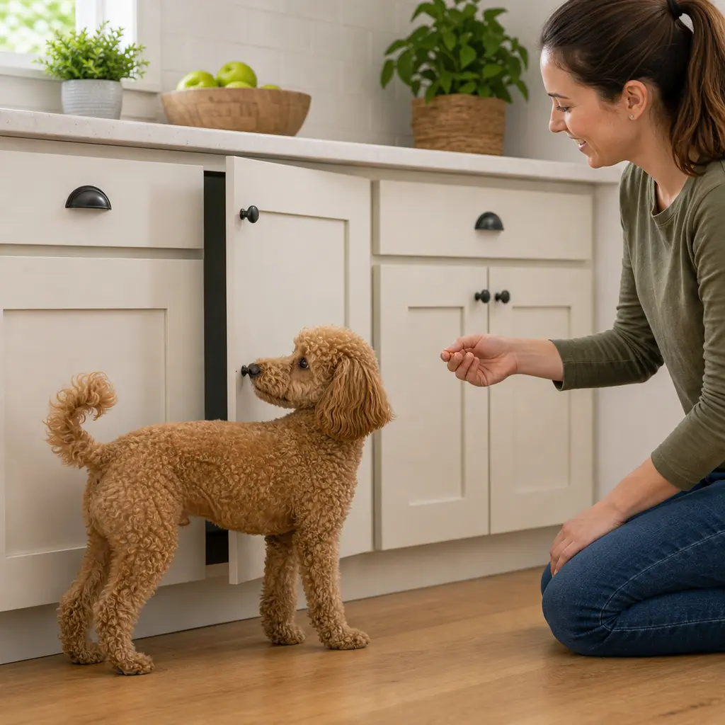 Miniature Poodle practicing close the door