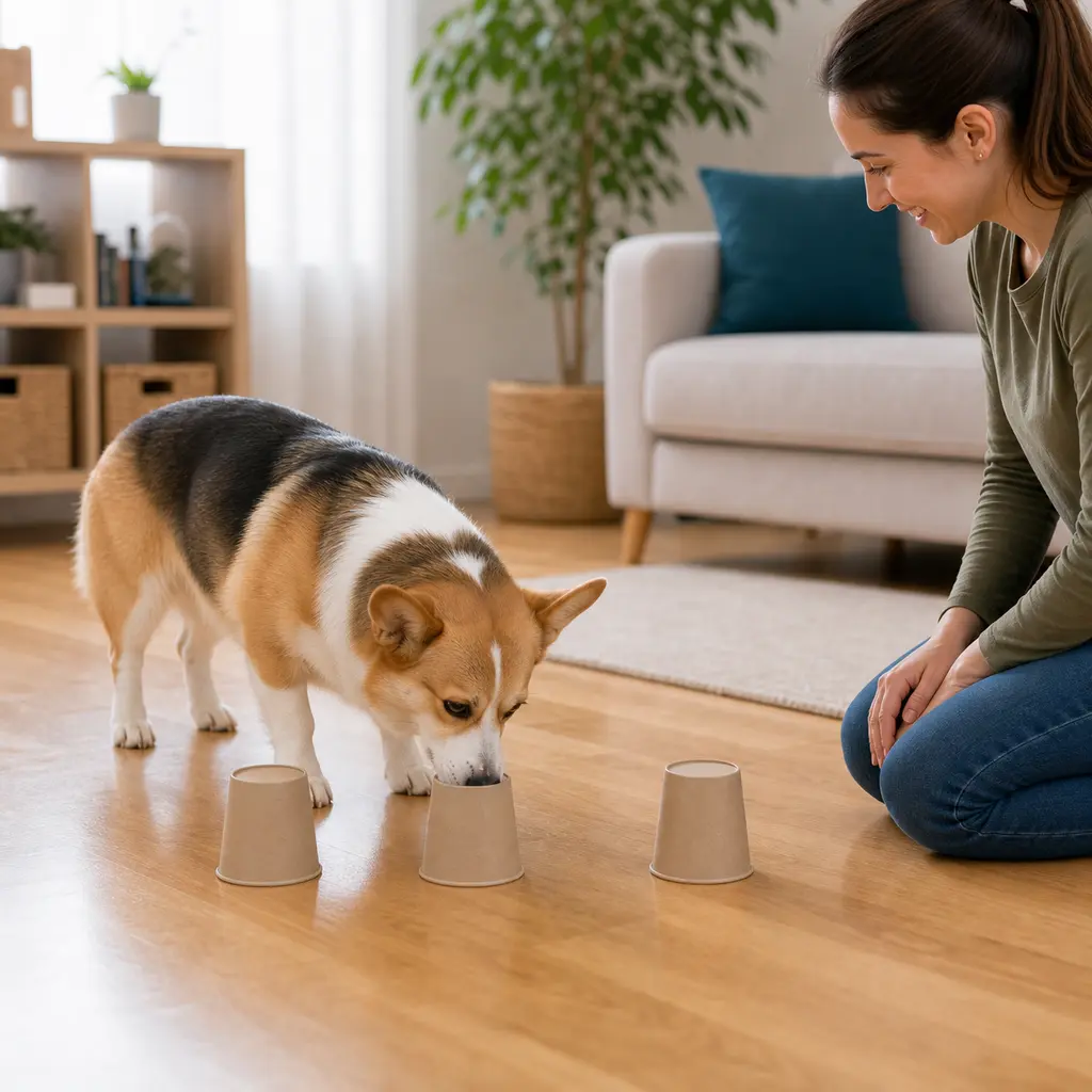 Corgi practicing cup search