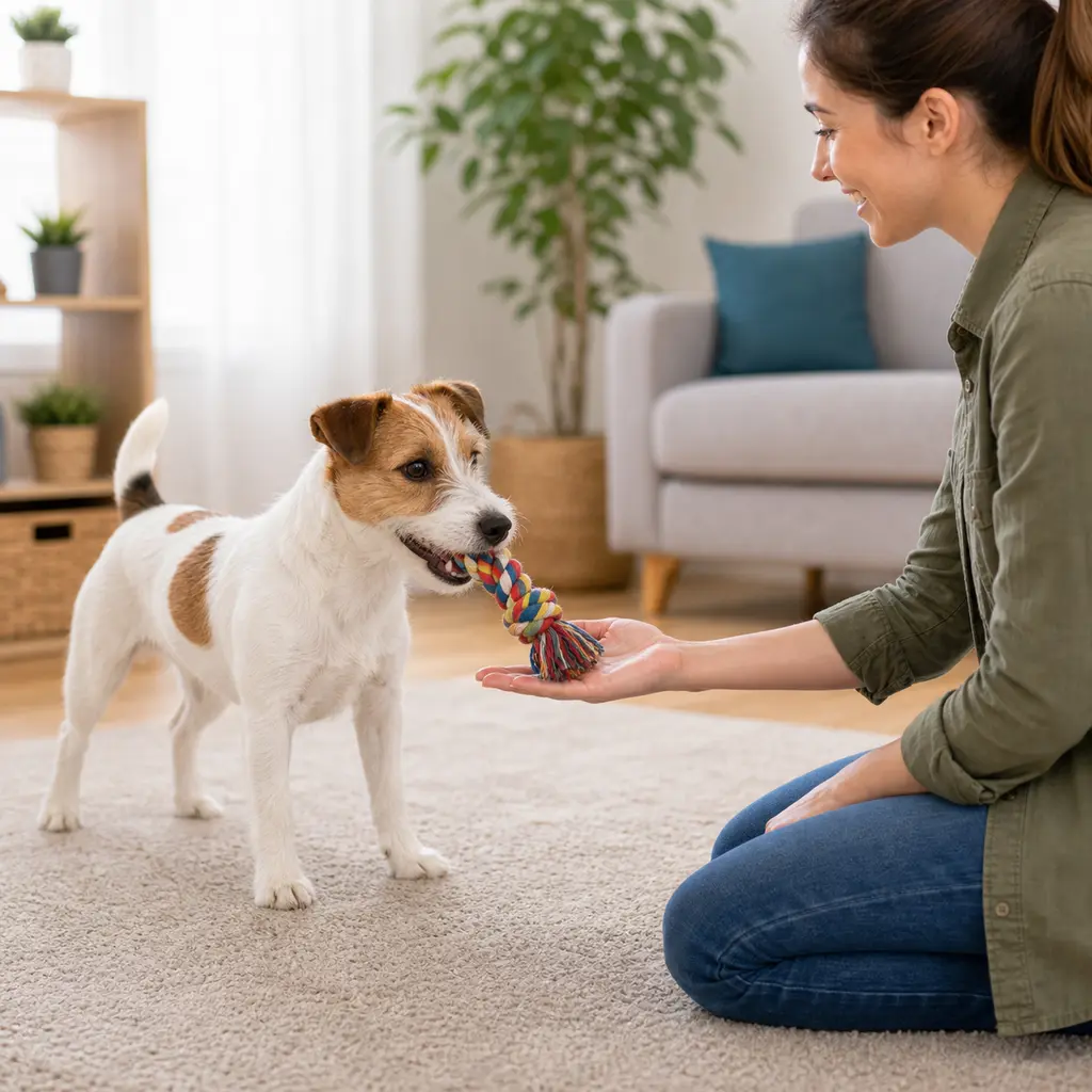 Jack Russell Terrier dropping a rope toy into a trainer hand