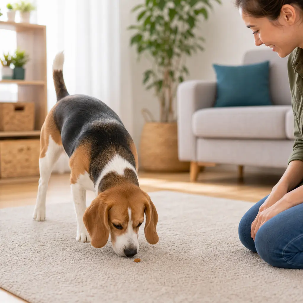 Beagle sniffing for a treat during a find it game