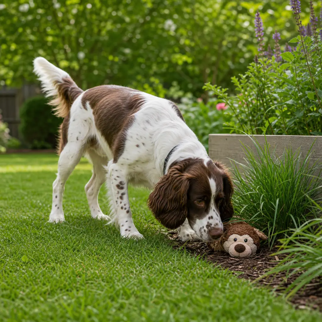 English Springer Spaniel practicing find the toy outside