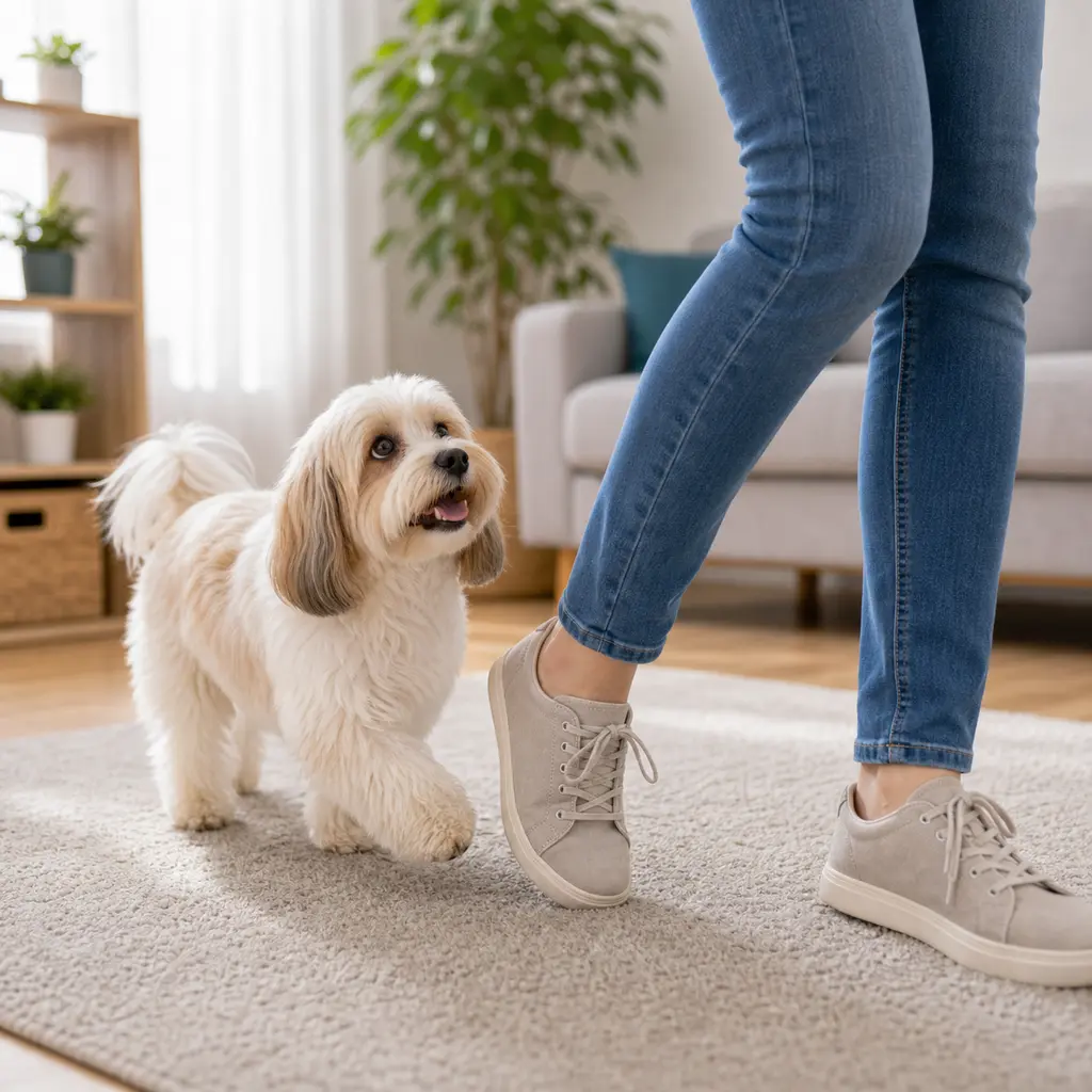 Havanese following a trainer through a simple indoor path