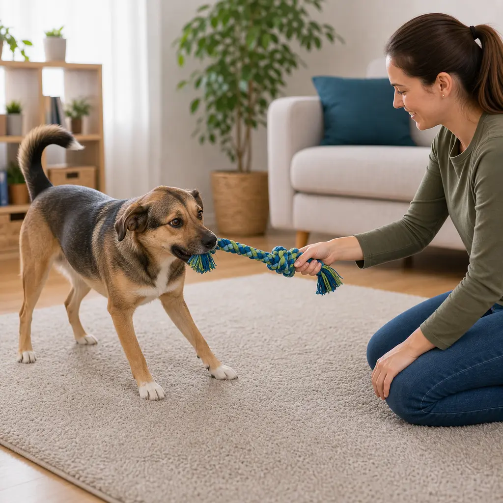 mixed-breed dog practicing gentle tug rules