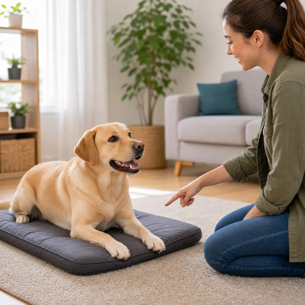 Labrador Retriever lying calmly on a dog mat