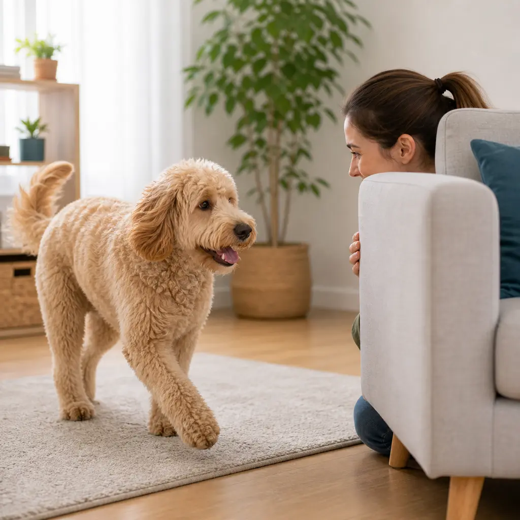 Goldendoodle finding a person during hide and seek