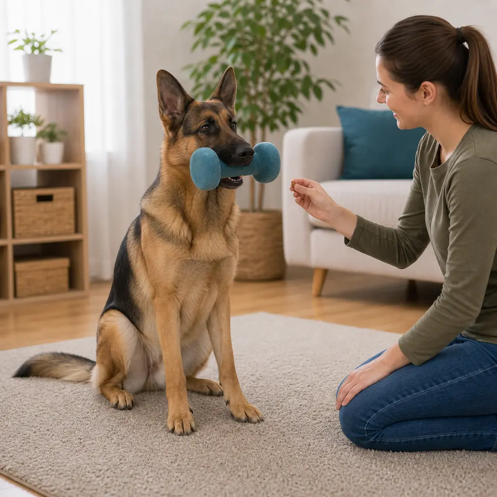 German Shepherd practicing hold an object