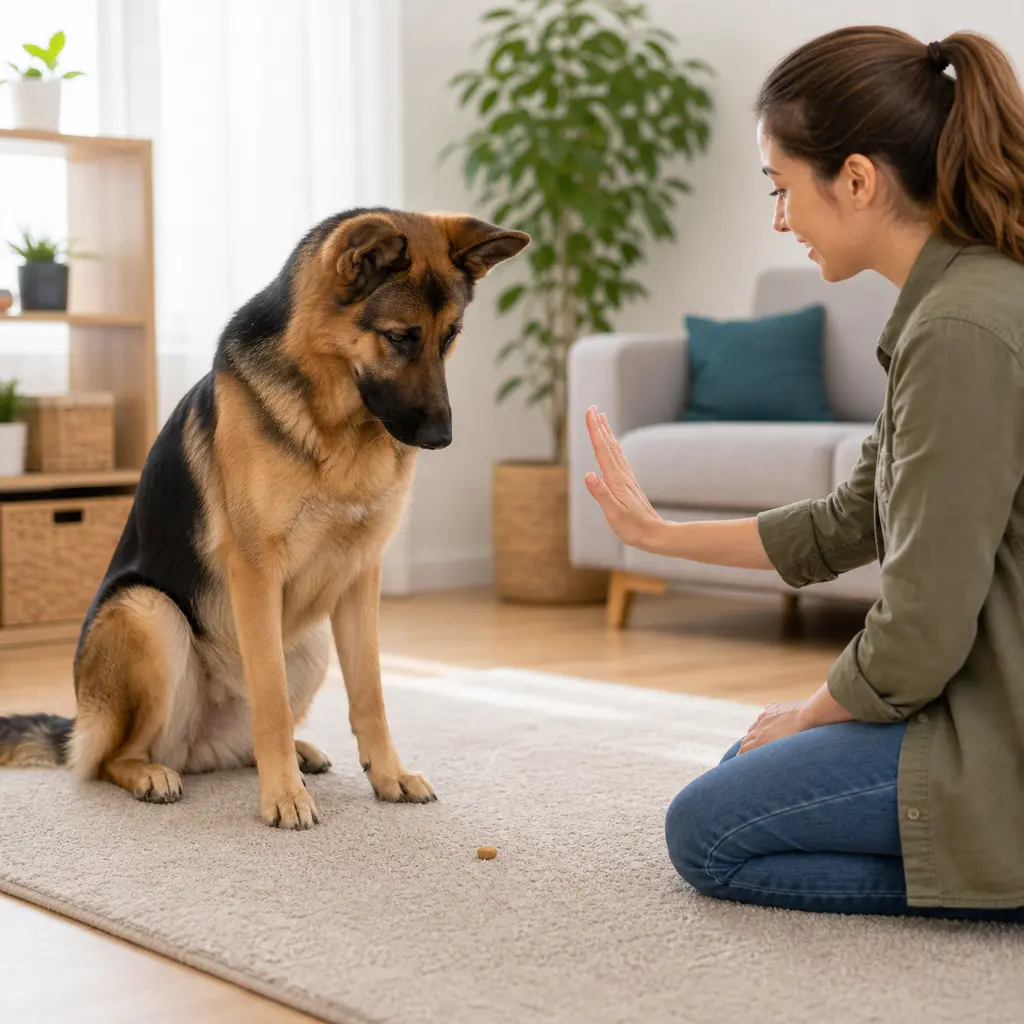 German Shepherd practicing leave it with a treat on the floor