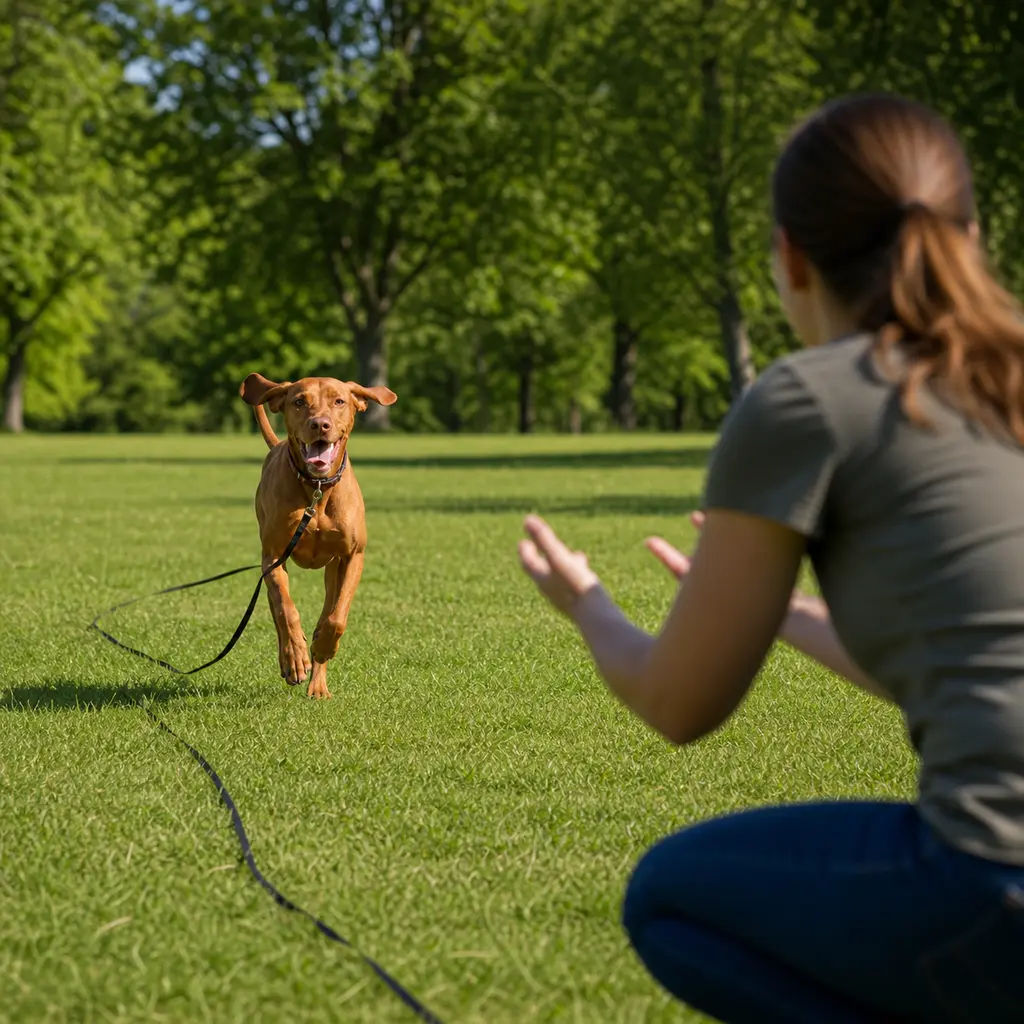 Vizsla practicing long-line recall game